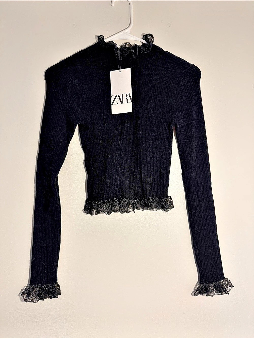 Zara Black Ribbed Lace Trim Long Sleeve NWT